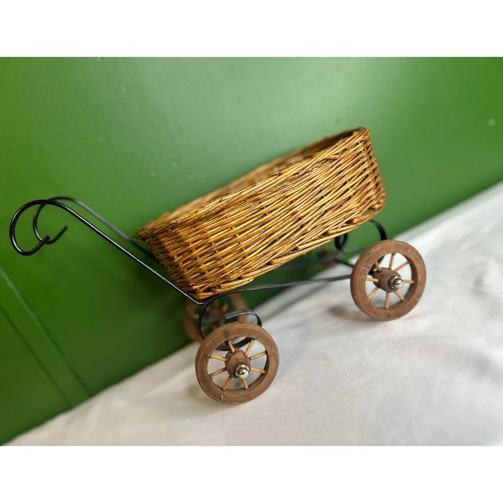 Vintage Wicker Doll Carriage Decorative Basket Metal Frame Wooden Wheels Rustic